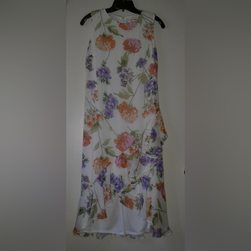 NWT Calvin Klein Asymmetrical White Floral Chiffon High Low Midi Dress